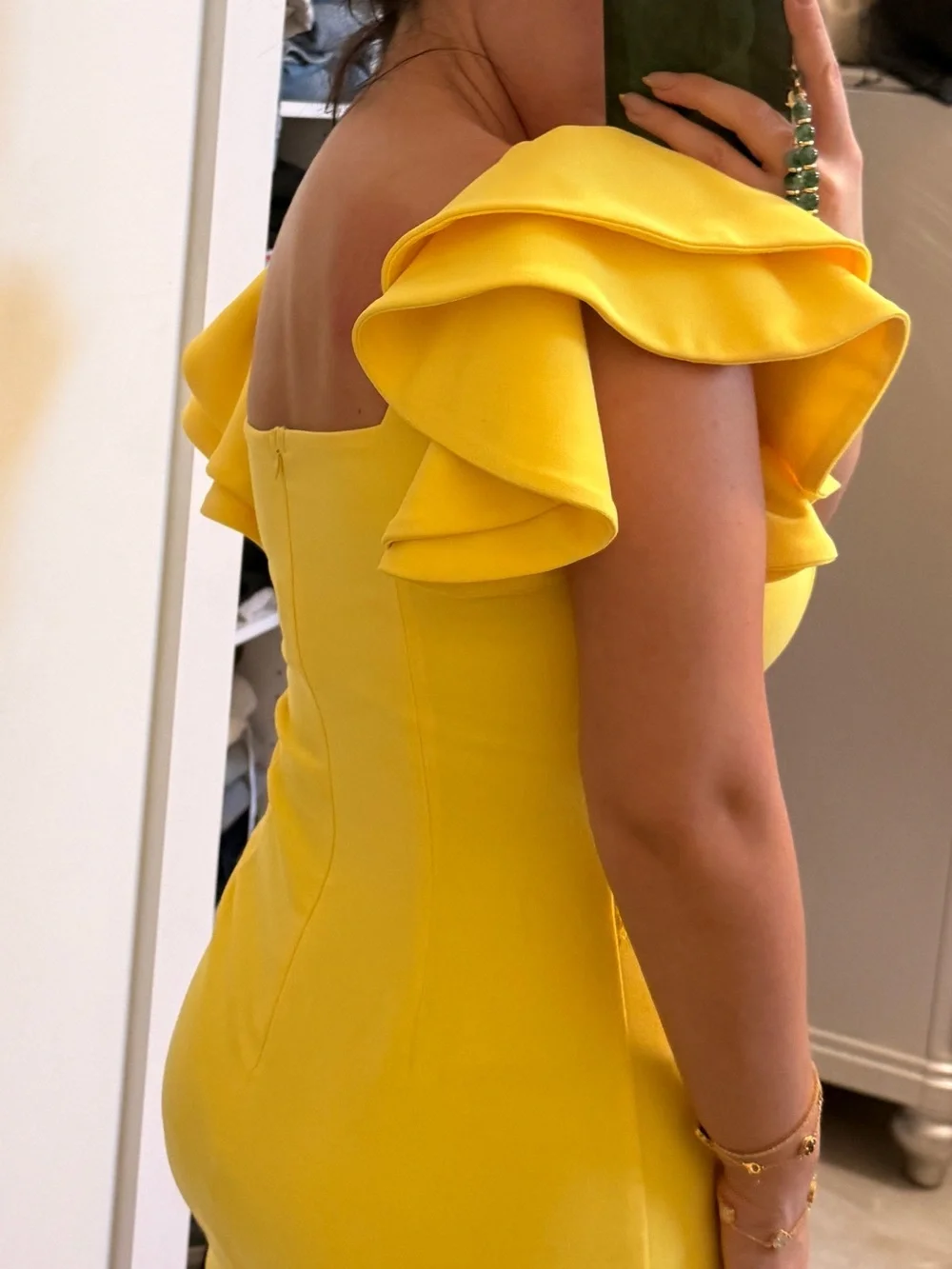Yellow Ruffle Sleeve Lace Waist Sheath Dress
